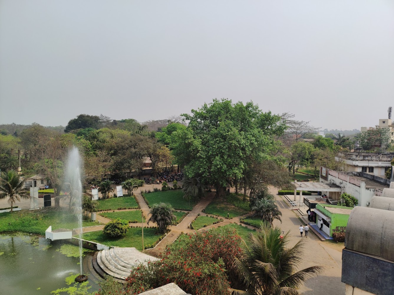 Aerial view of the campus fountain and landscaped gardens